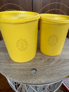 Yellow Vintage Tupperware Plastic Canister Set with Floral Motif